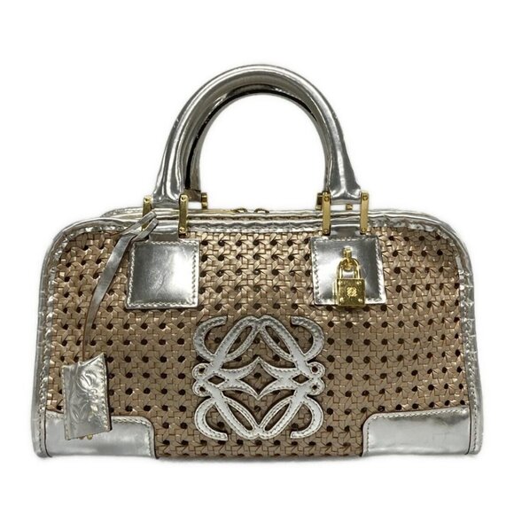 Auth LOEWE Amazona Silver Brown Leather Patent Leather Handbag authentic - Picture 1 of 16